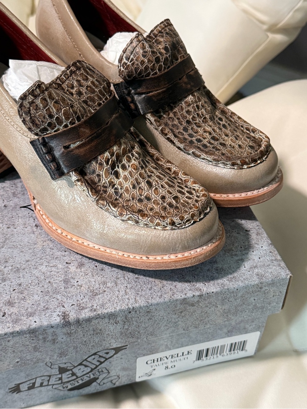 Freebird Chevelle Taupe Leather Loafers with Brown Croc Vamp